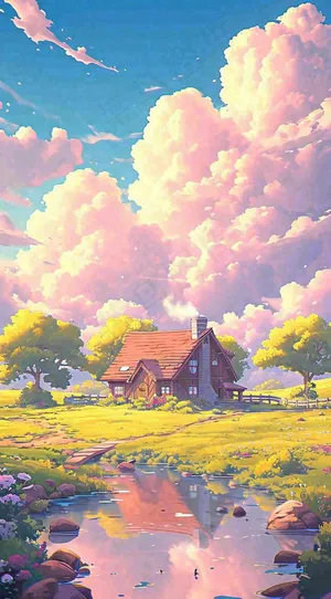 蓝天草坪上小屋房子在河流旁，河面倒影