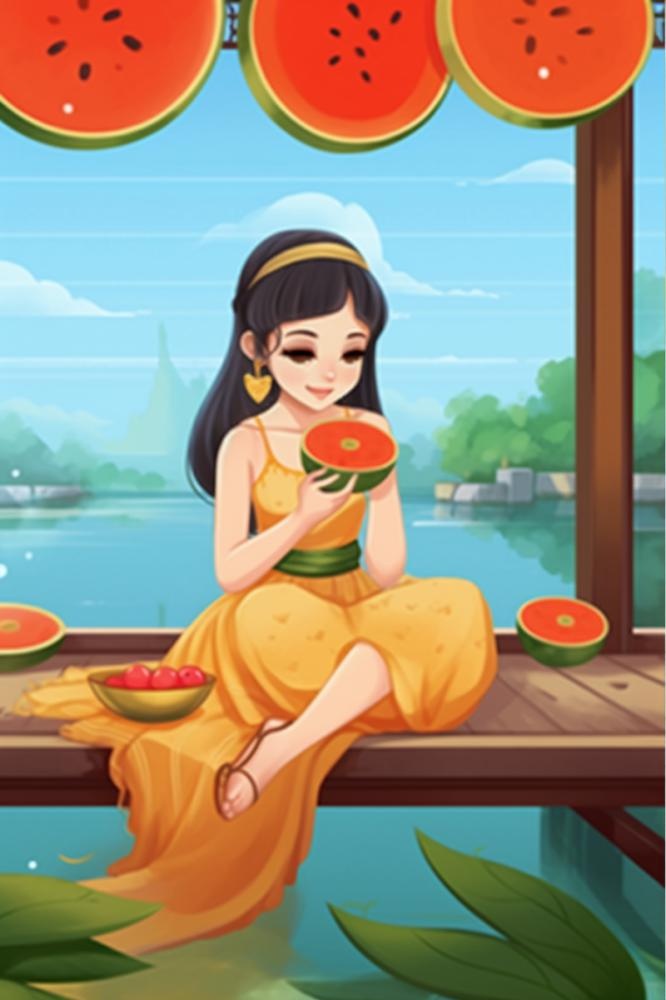 女孩坐着乘凉水果插画背景