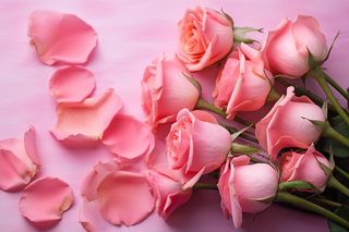 粉色玫瑰花瓣在粉色背景摄影图