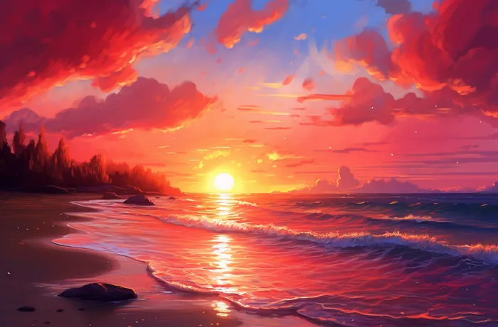 夕阳西下日落多云的天空洋溢着青春活力的风插画背景(4080x2688)