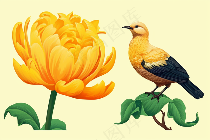黄色菊花小鸟插画素材(4032x2688)