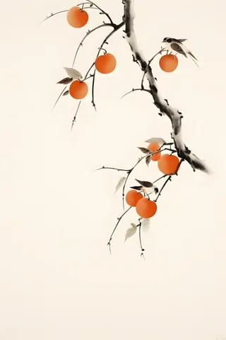 柿子水果枝叶国风背景