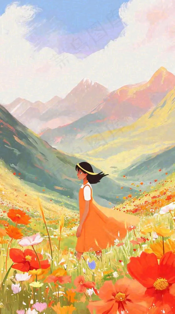 春天山脉草坪花海上穿裙子的女孩油画手绘插画，清新浪漫，踏青春游(816x1456)