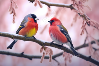 站在枝头上的小鸟成双成对粉色摄影图