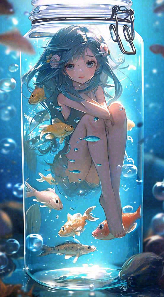 漫画少女海底瓶罐金鱼水面鱼类游泳插画手绘(816x1472)