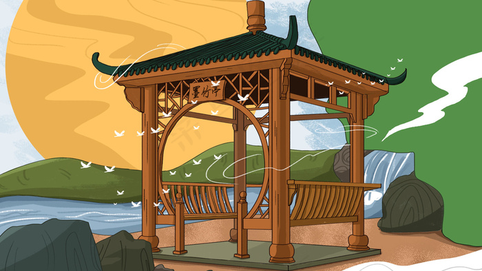 古风建筑插画psd模版下载