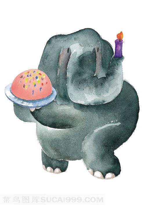 拿着生日蛋糕鼻子顶着蜡烛的可爱小象