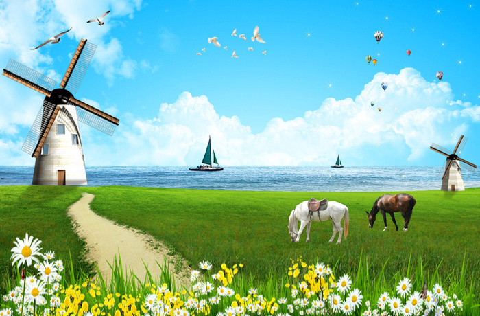 草原双马背景风景