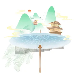 时尚微景观山水装饰庭院祥云中式国潮风插图插画元素素材设计模板 时尚微景观山水装饰庭院祥云中式国潮风插图插画元素素材设计模板