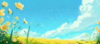 春日草地鲜花清新郊外草坪蓝天白云，春分