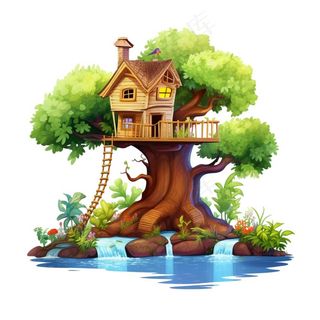 大树上的木屋树屋书本卡通插画免抠