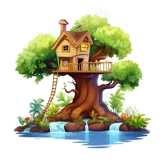 大树上的木屋树屋书本卡通插画免抠