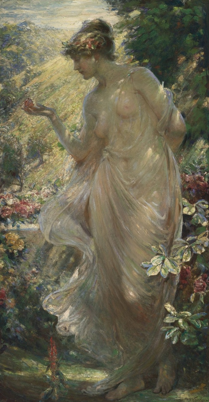 花园里的美女人体油画图片