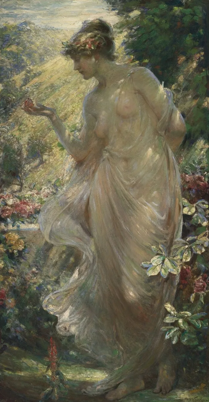 花园里的美女人体油画图片