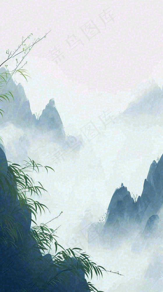 中国风云雾山脉意境竹叶山雾画插画(816x1456)