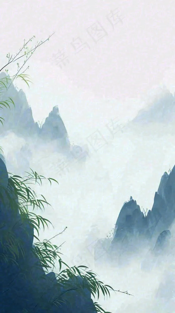中国风云雾山脉意境竹叶山雾画插画(816x1456)