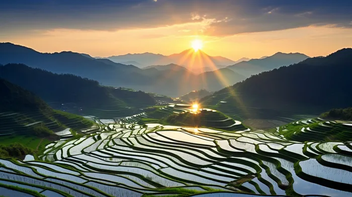 日落时的中国农村梯田鸟瞰摄影图(4368x2448)