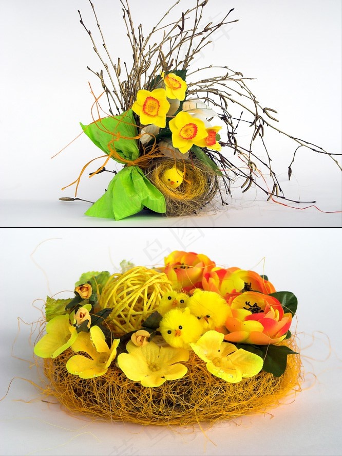 复活节花朵和小鸡高清图片
