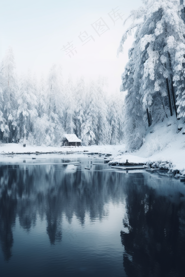 雪天森林深处的湖边小木屋摄影图(2688x4032)
