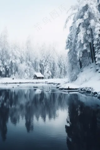 雪天森林深处的湖边小木屋摄影图