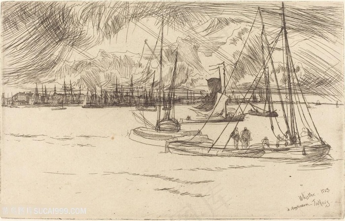 惠斯勒素描湖畔船美景