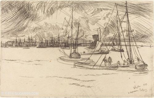 惠斯勒素描湖畔船美景