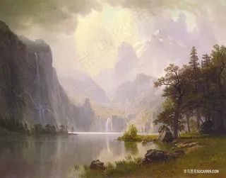 湖畔山林美景油画