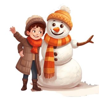 孩童堆雪人可爱卡通插画免抠