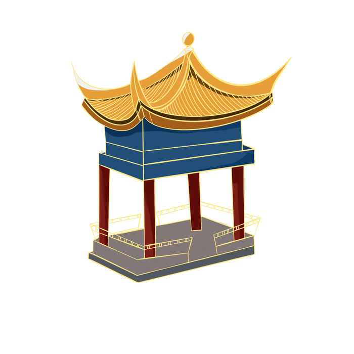 复古中国风国潮古建筑插画手绘高楼古塔PSD素材亭子png免抠图