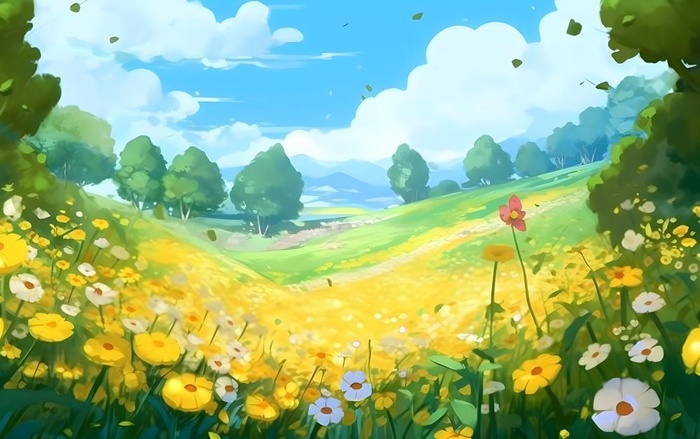 蓝天白云草坪草原人物黄色花朵手绘插画海报素材背景(5504x3456)