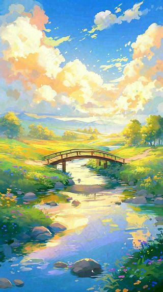 春天草坪河流小溪蓝天白云清新阳光手绘插画，立春春分