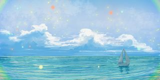 蓝色夏日海洋帆船远航风景插画素材背景