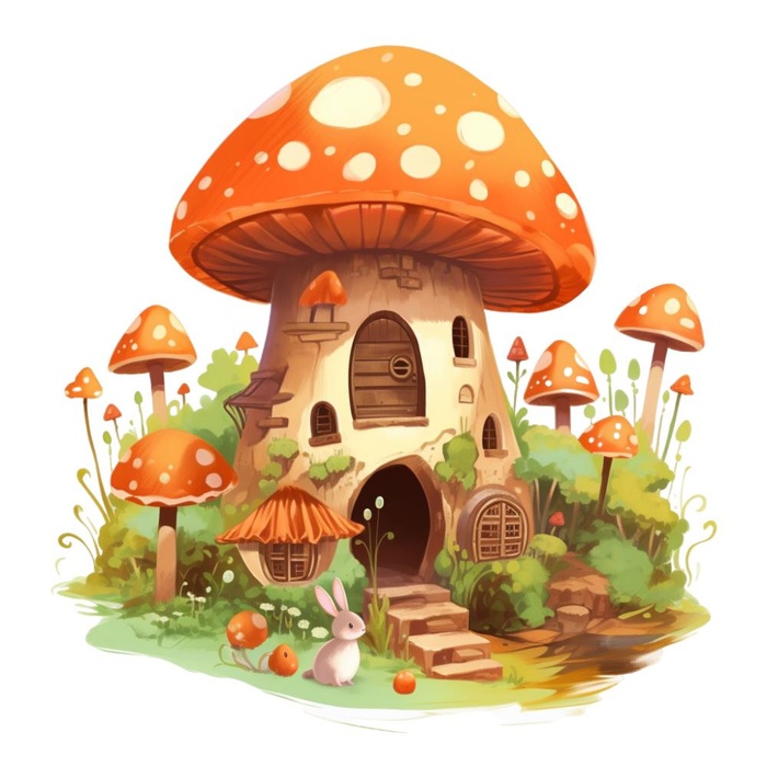 卡通插画蘑菇屋兔子免抠(1024x1024)