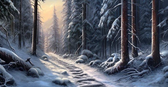 森林里面下雪路上石头上和树上覆盖着白雪摄影图