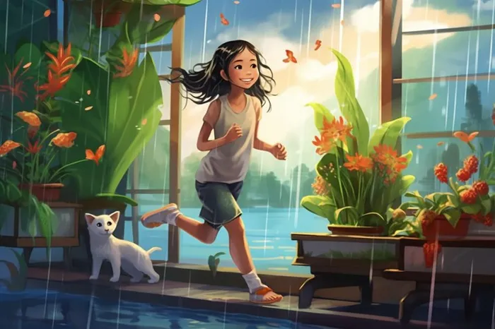 女孩雨天小猫游艇游玩插画背景(1344x896)