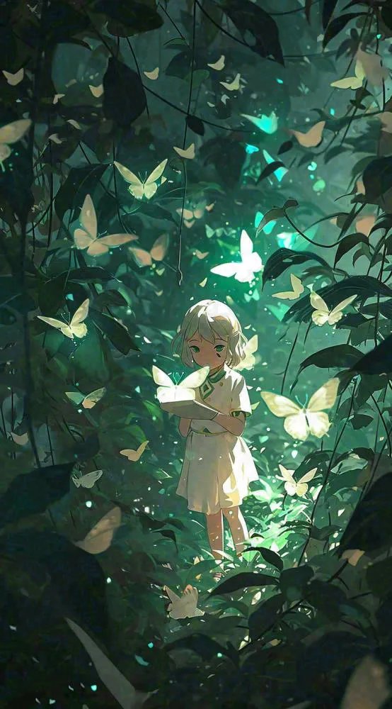森林丛林夜晚女孩玩耍手绘插画，蝴蝶可爱(816x1472)