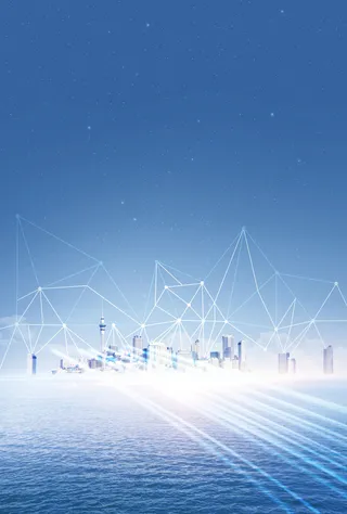 大海蓝色绚丽科技城市建筑海报