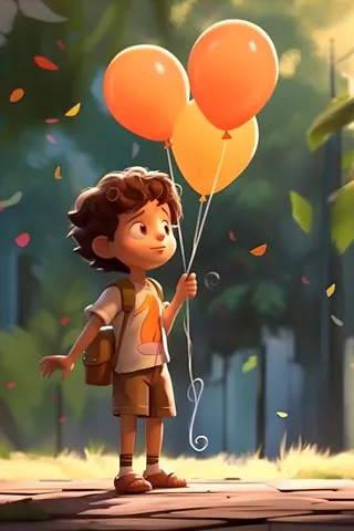 拿着气球的男孩阳光森林草地背景