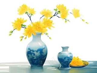 重阳黄色菊花花瓶饮茶插画免抠