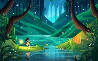 夜晚森林萤火虫蝴蝶插画背景