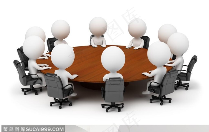 三维小人业务团队坐在圆形会议桌上开会场