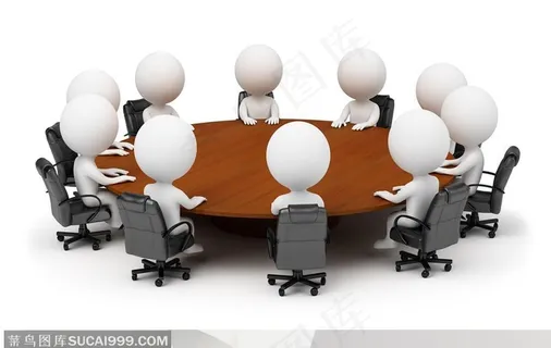 三维小人业务团队坐在圆形会议桌上开会场