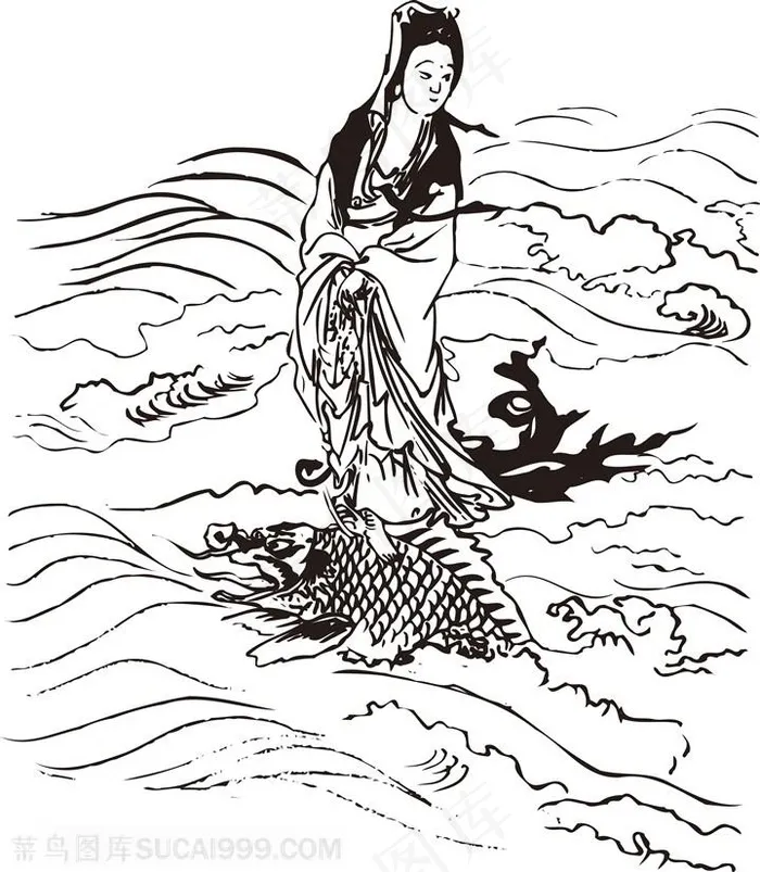 海上腾云驾雾手绘线描108罗汉矢量PNG绘画图片