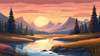 夕阳山川河流针叶林卡通插画