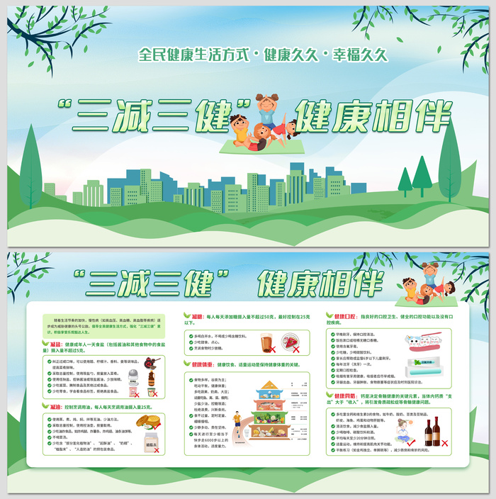 “三减三健” 健康相伴宣传栏展板psd模版下载