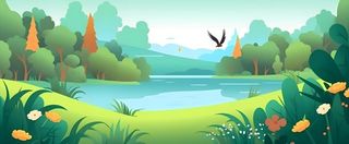 春夏森林山坡草地花草鸟绿植风景插画海报素材背景