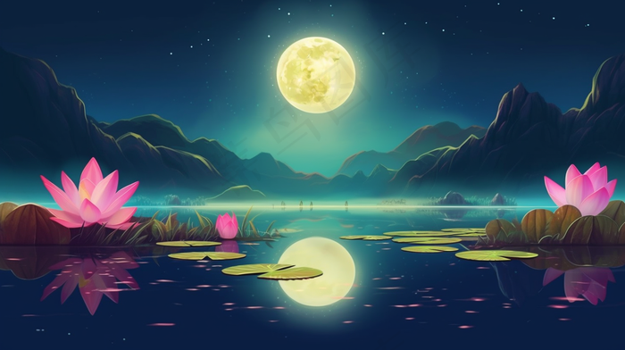 夜晚圆月下的荷花莲花湖泊山川插画素材