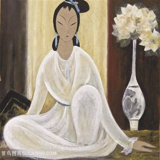 林风眠手绘唯美美女花卉室内装饰画