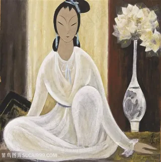 林风眠手绘唯美美女花卉室内装饰画