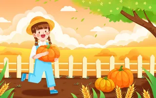 黄色卡通女生秋天稻田插画